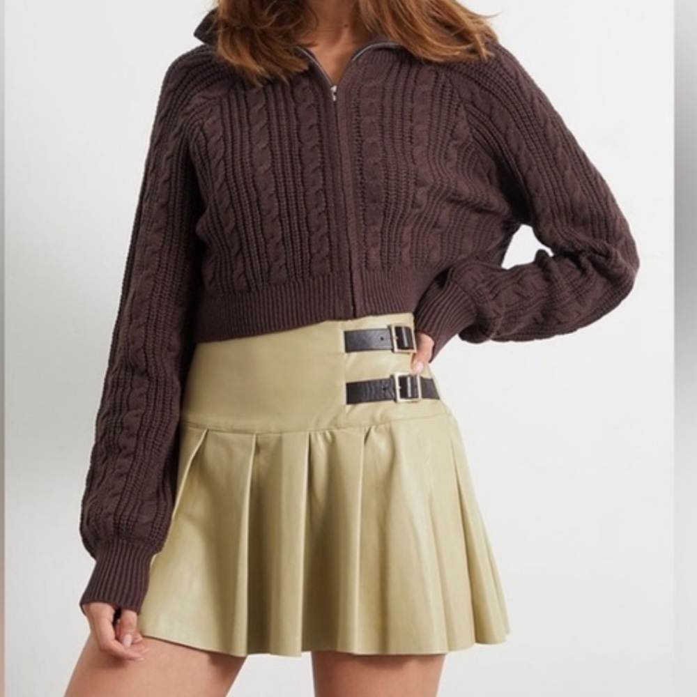 WeWoreWhat Faux Vegan Leather Tennis Skirt in Oat Tan Skirt with Buckle Accents